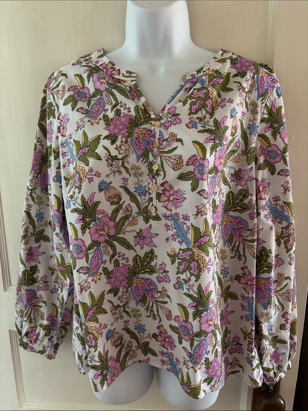 Talbots Floral Henley Blouse in Pink, Green & Blue